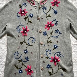 Vintage Norm Thompson Gray Cardigan Sweater with Pink and Blue Floral Embroidery